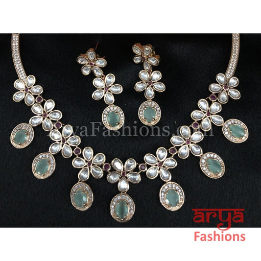 Cubic Zirconia Necklace with Green Stones in Rose Gold Finish