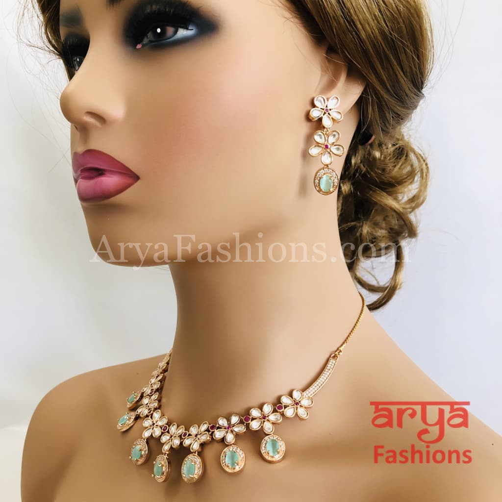 Cubic Zirconia Necklace with Green Stones in Rose Gold Finish