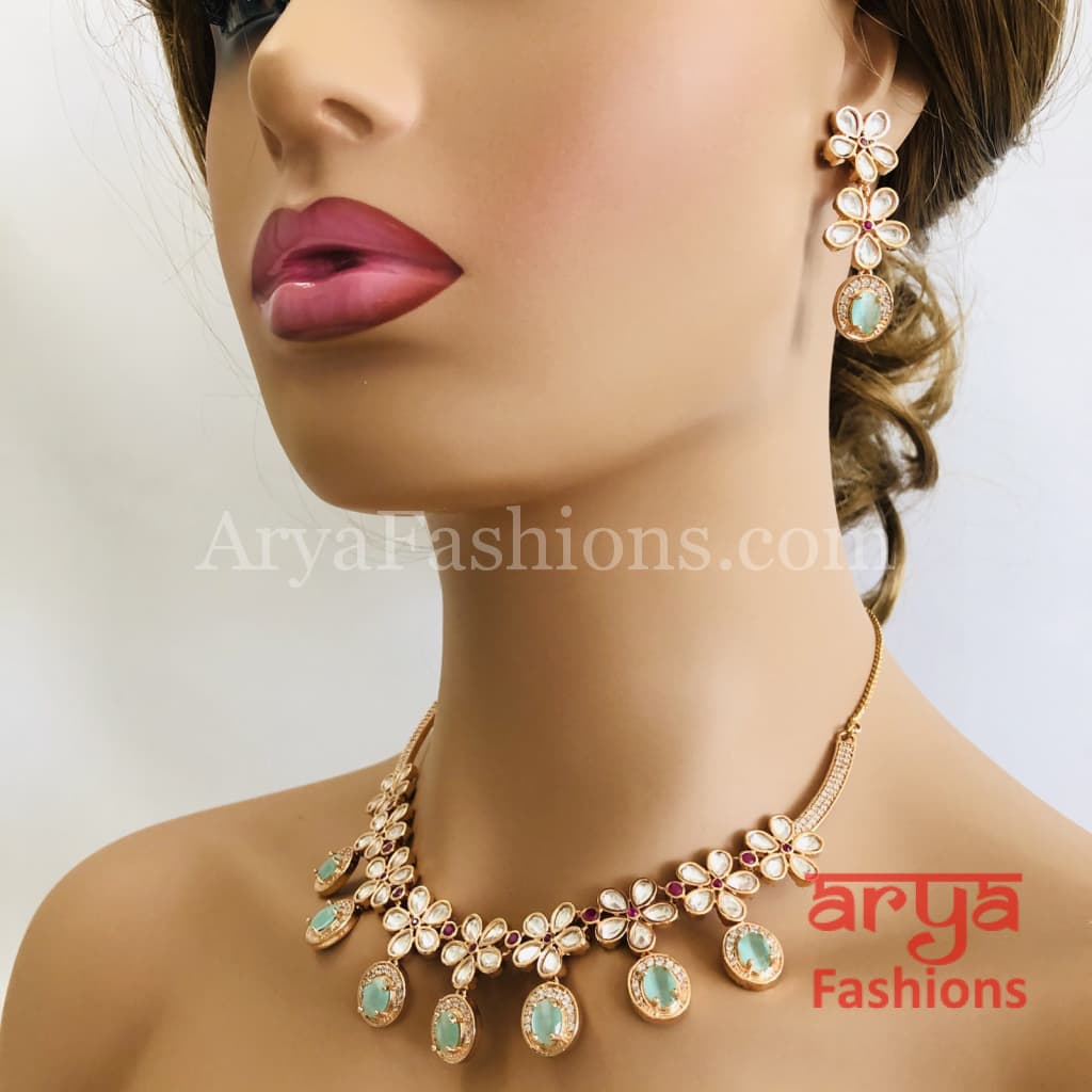 Cubic Zirconia Necklace with Green Stones in Rose Gold Finish