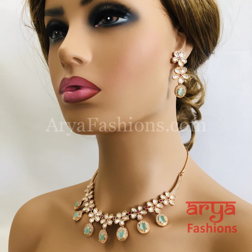 Cubic Zirconia Necklace with Green Stones in Rose Gold Finish