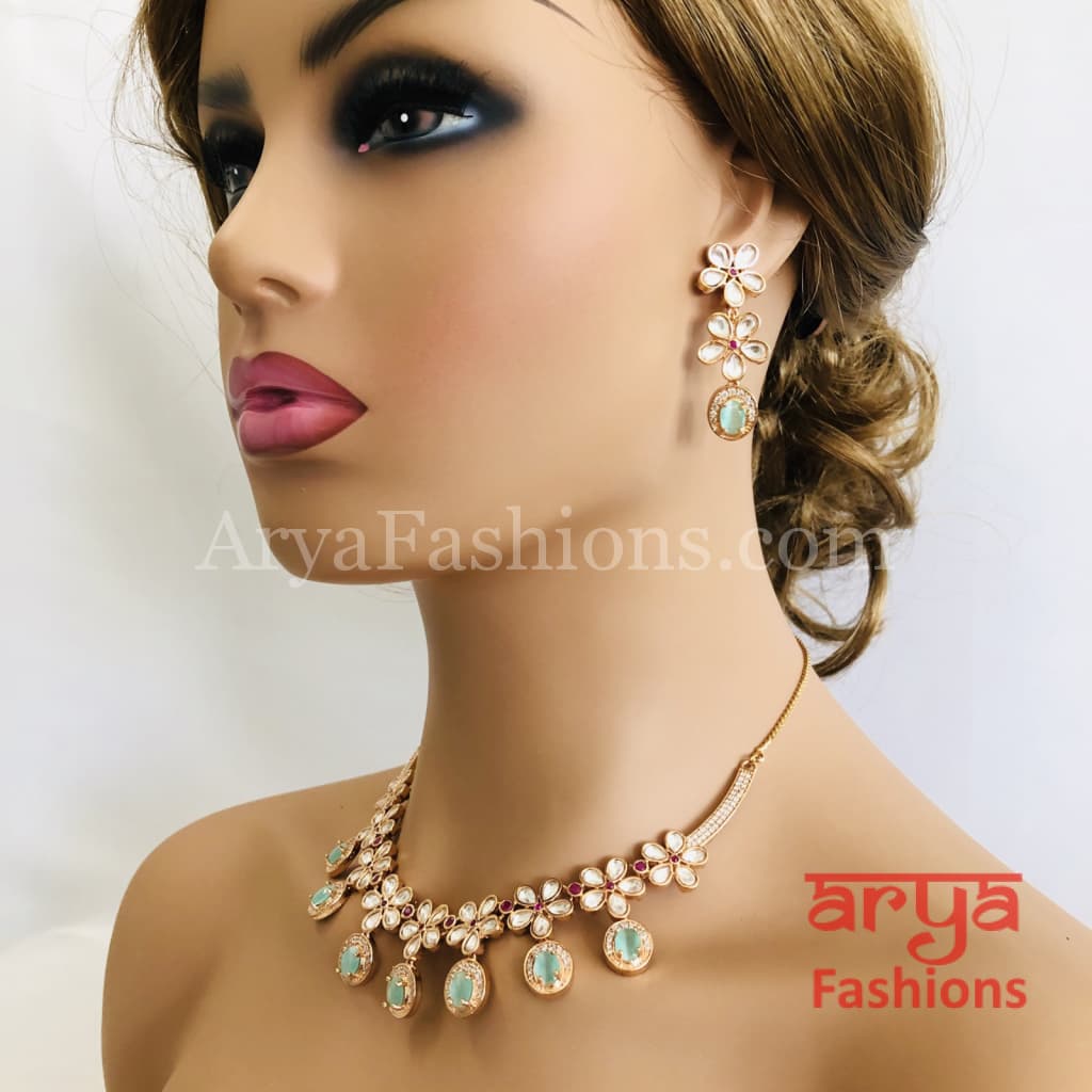 Cubic Zirconia Necklace with Green Stones in Rose Gold Finish