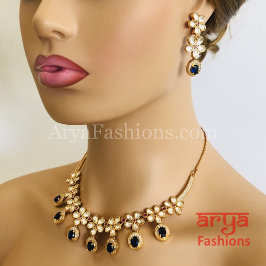 Cubic Zirconia Necklace with Navy Blue Stones in Rose Gold Finish