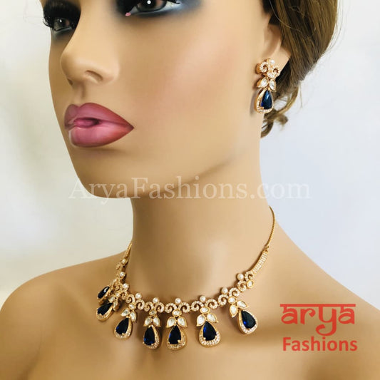 Cubic Zirconia Necklace with Navy Blue Stones in Rose Gold Finish