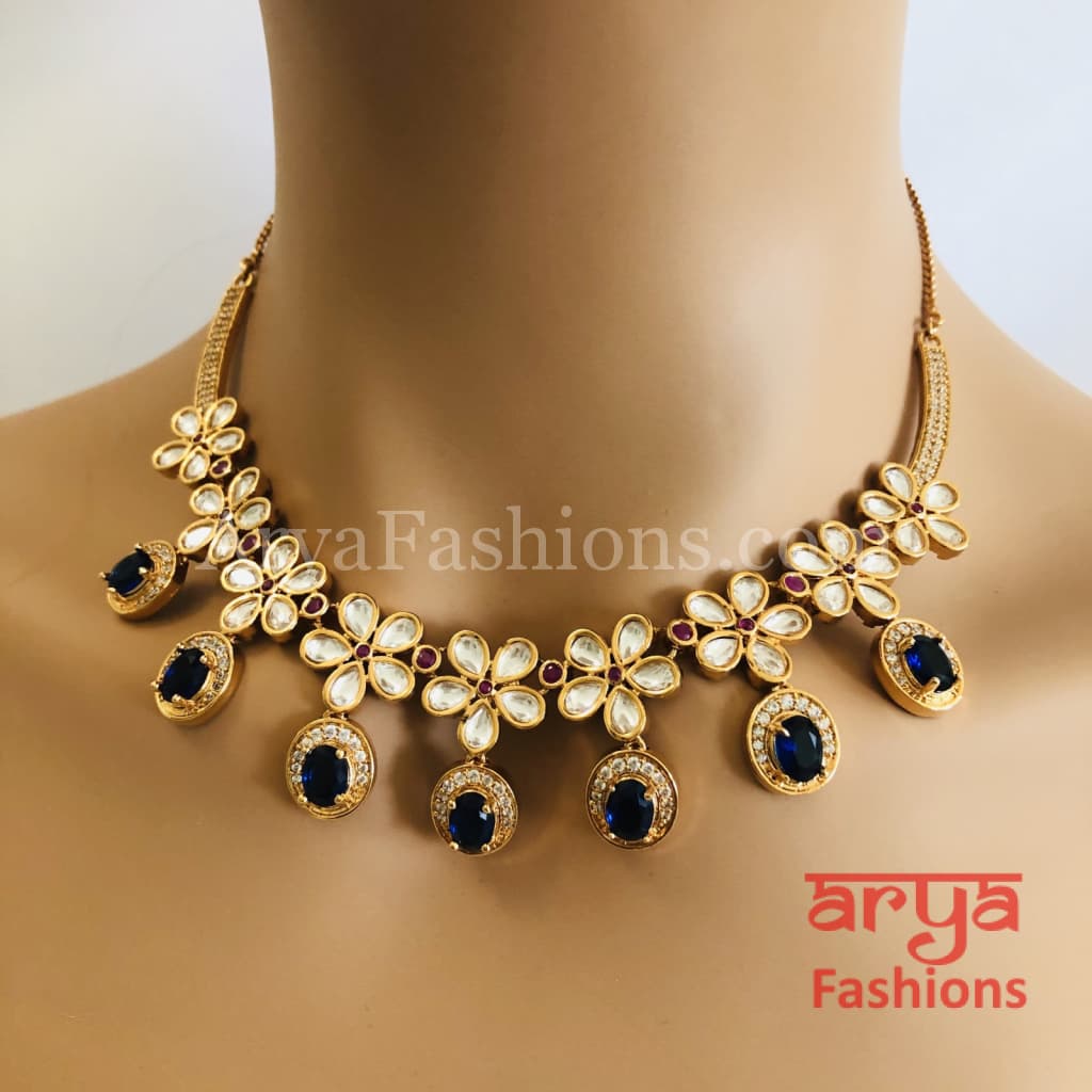 Cubic Zirconia Necklace with Navy Blue Stones in Rose Gold Finish