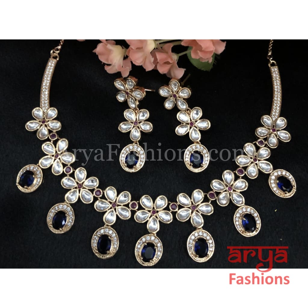 Cubic Zirconia Necklace with Navy Blue Stones in Rose Gold Finish