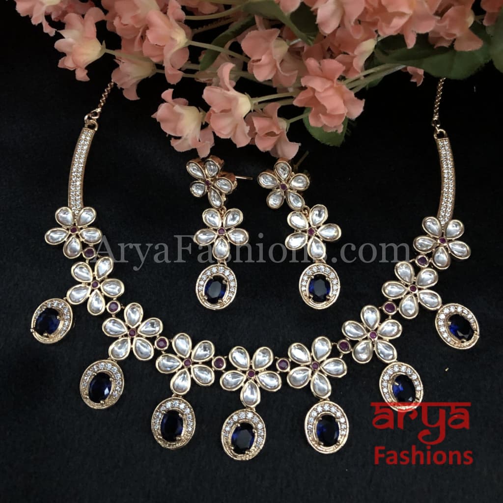Cubic Zirconia Necklace with Navy Blue Stones in Rose Gold Finish