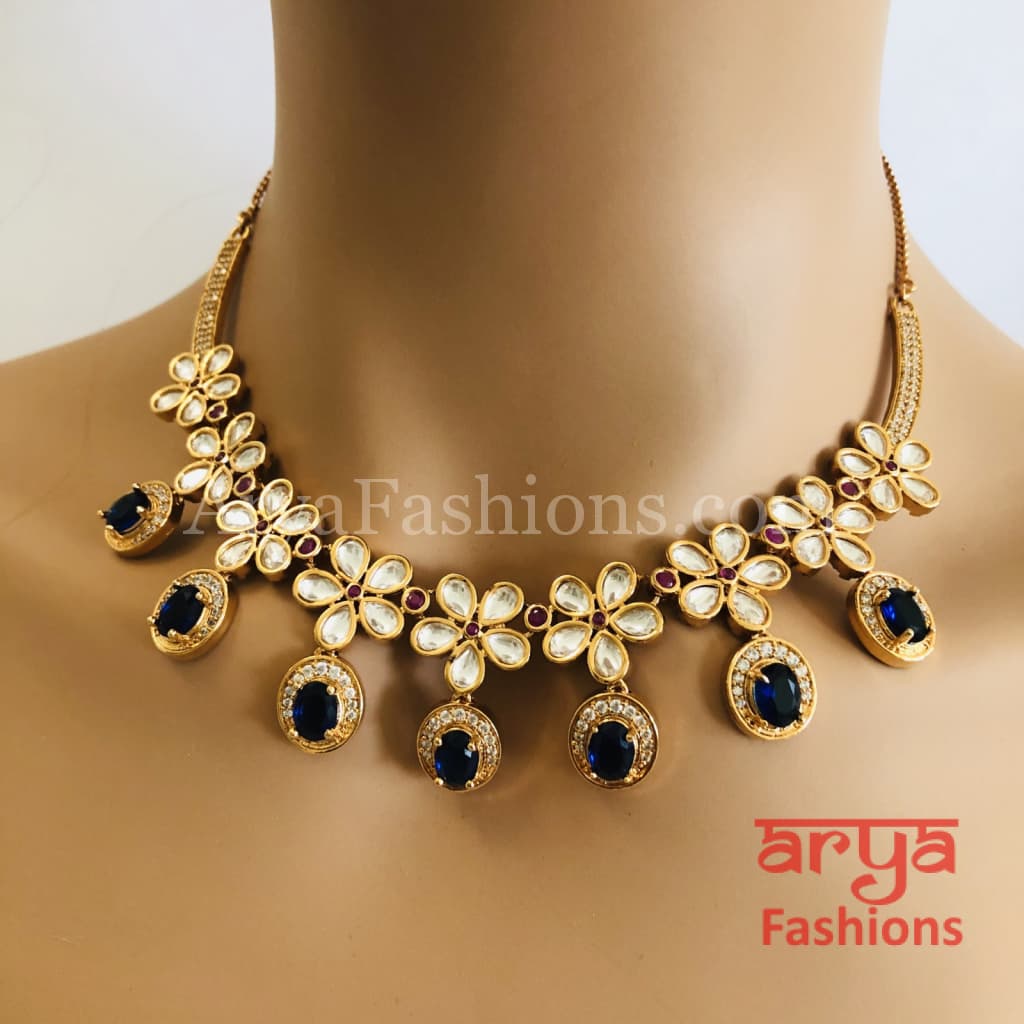 Cubic Zirconia Necklace with Navy Blue Stones in Rose Gold Finish