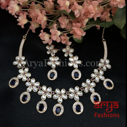 Cubic Zirconia Necklace with Navy Blue Stones in Rose Gold Finish