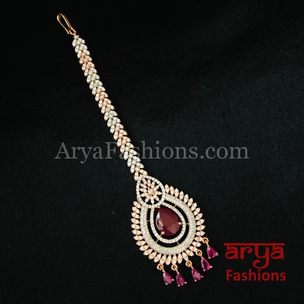 CZ Rose Gold Designer Mang Tika with Emerald Ruby Stone