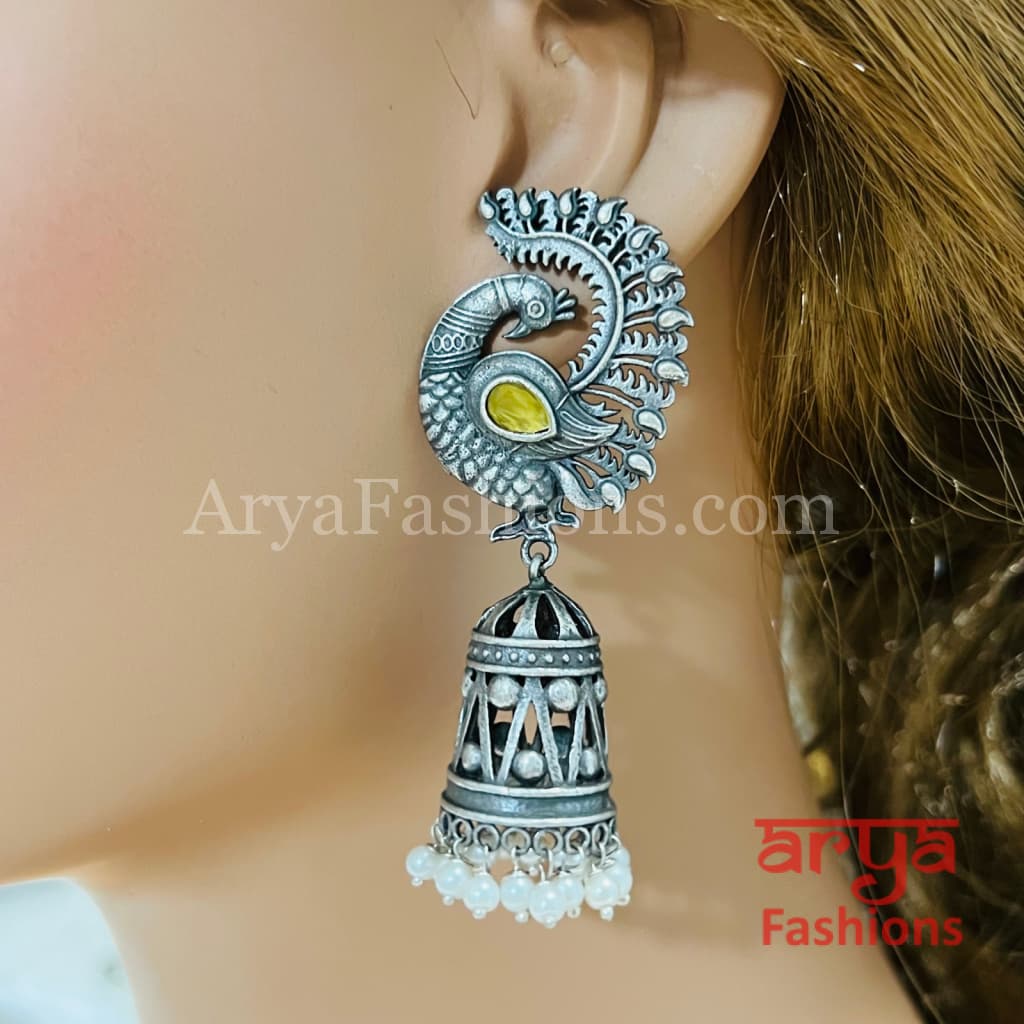 Designer Bird Jhumka Earrings/ Silver Oxidized