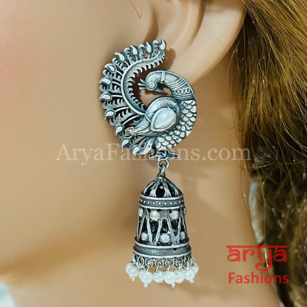 Designer Bird Jhumka Earrings/ Silver Oxidized