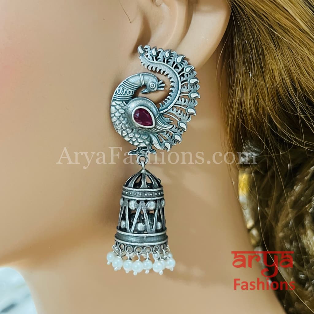 Designer Bird Jhumka Earrings/ Silver Oxidized