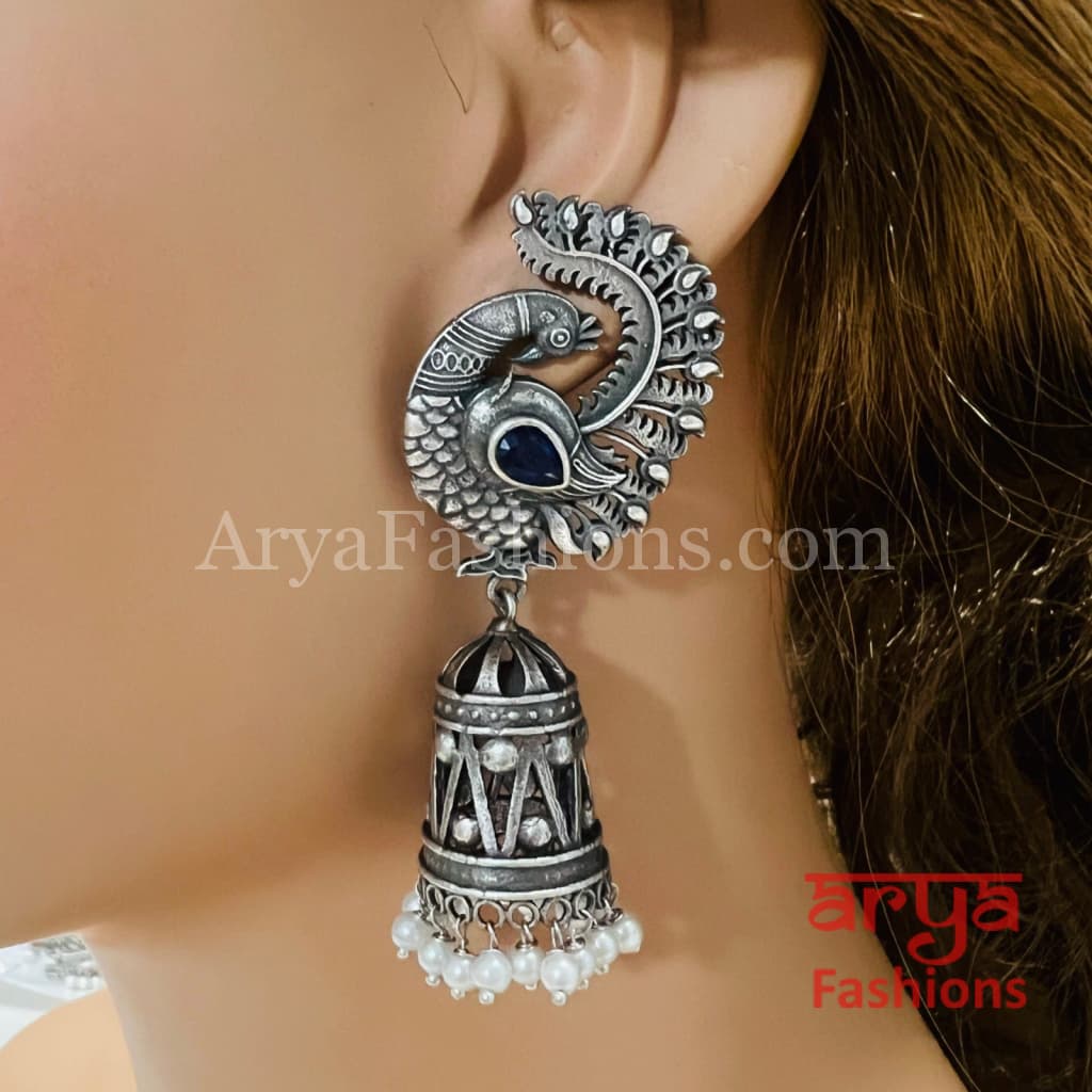 Designer Bird Jhumka Earrings/ Silver Oxidized