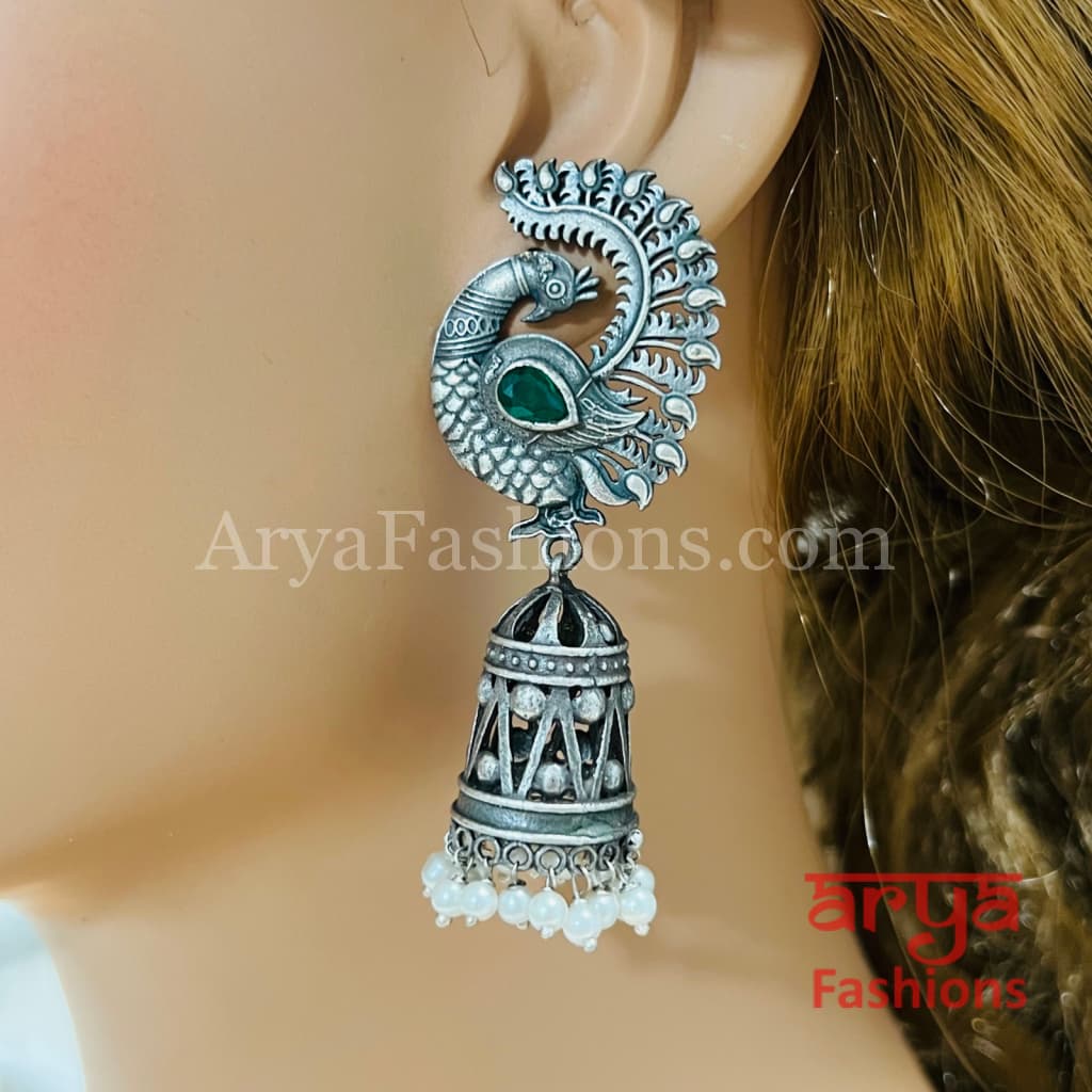 Designer Bird Jhumka Earrings/ Silver Oxidized