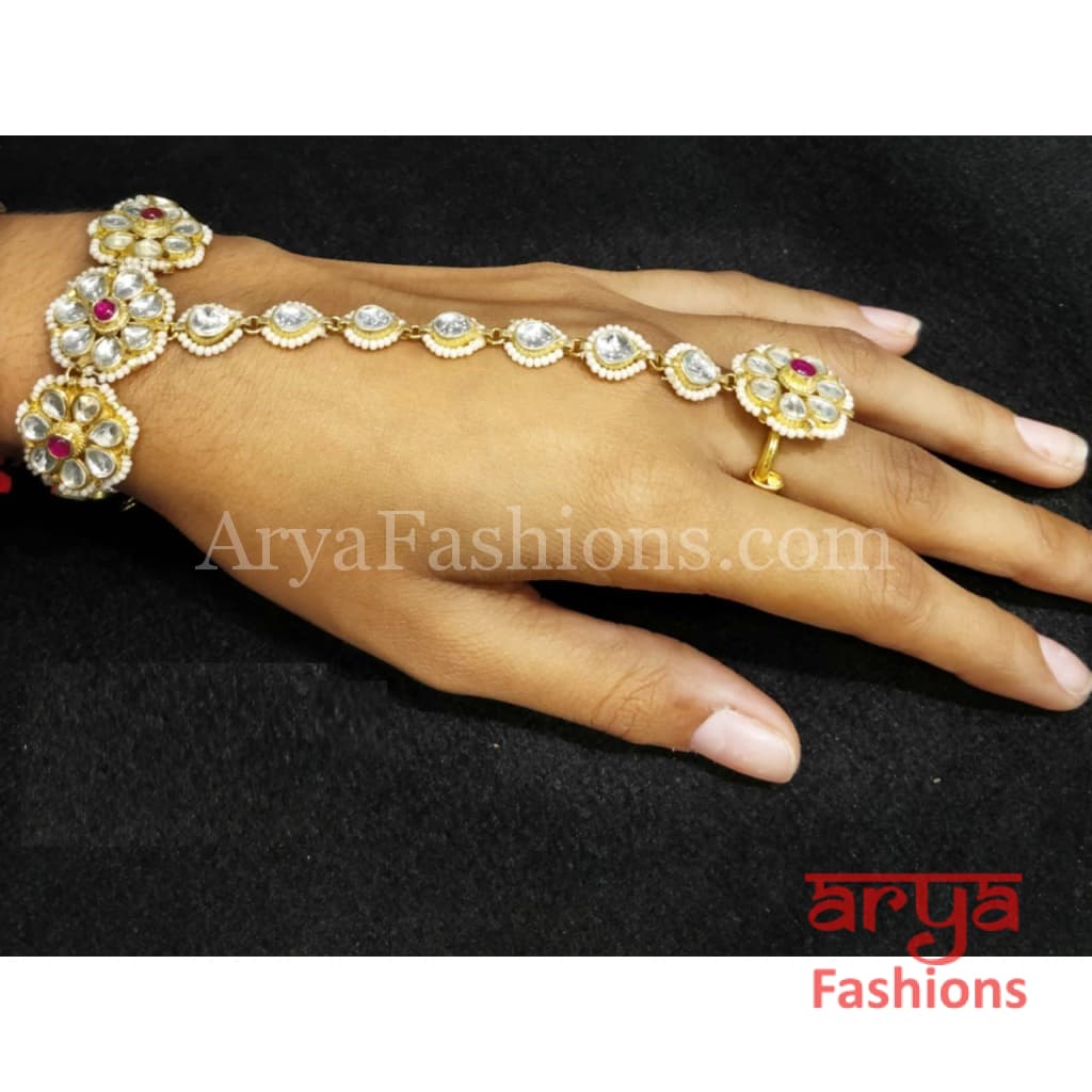 Designer Golden Kundan Hathphool with Pearls Pair of 2