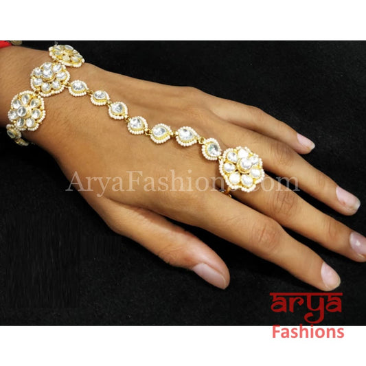 Designer Golden Kundan Hathphool with Pearls Pair of 2