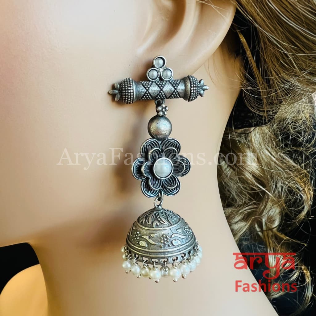 Designer Silver Oxidized Jhumka Earrings