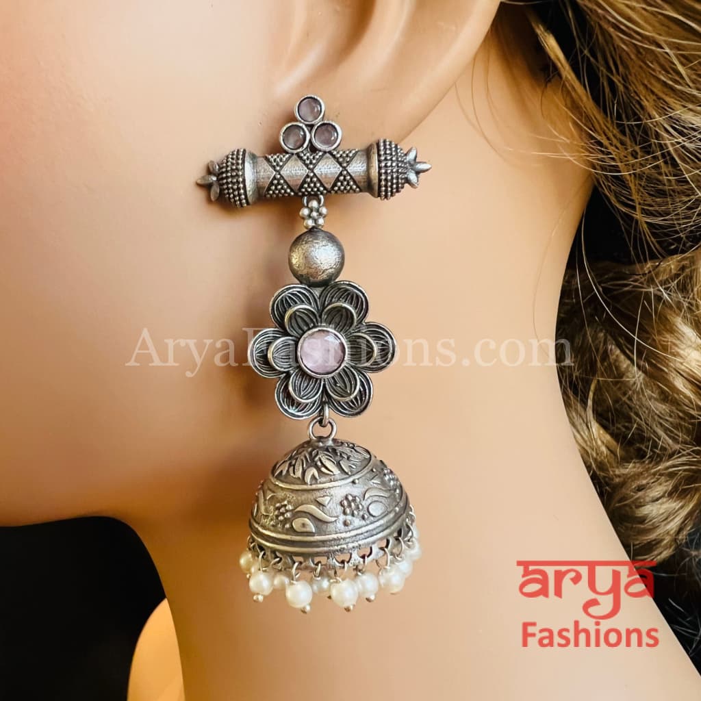 Designer Silver Oxidized Jhumka Earrings