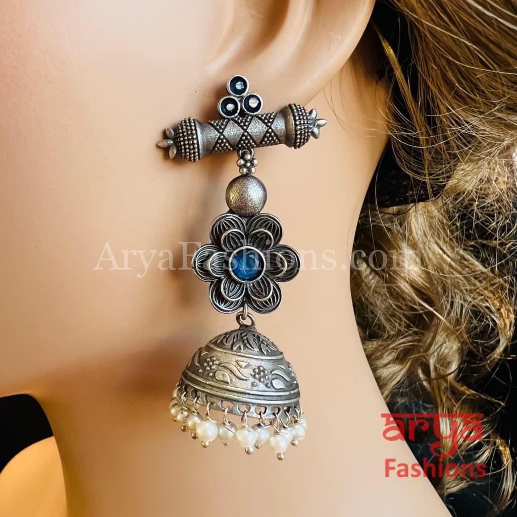 Designer Silver Oxidized Jhumka Earrings