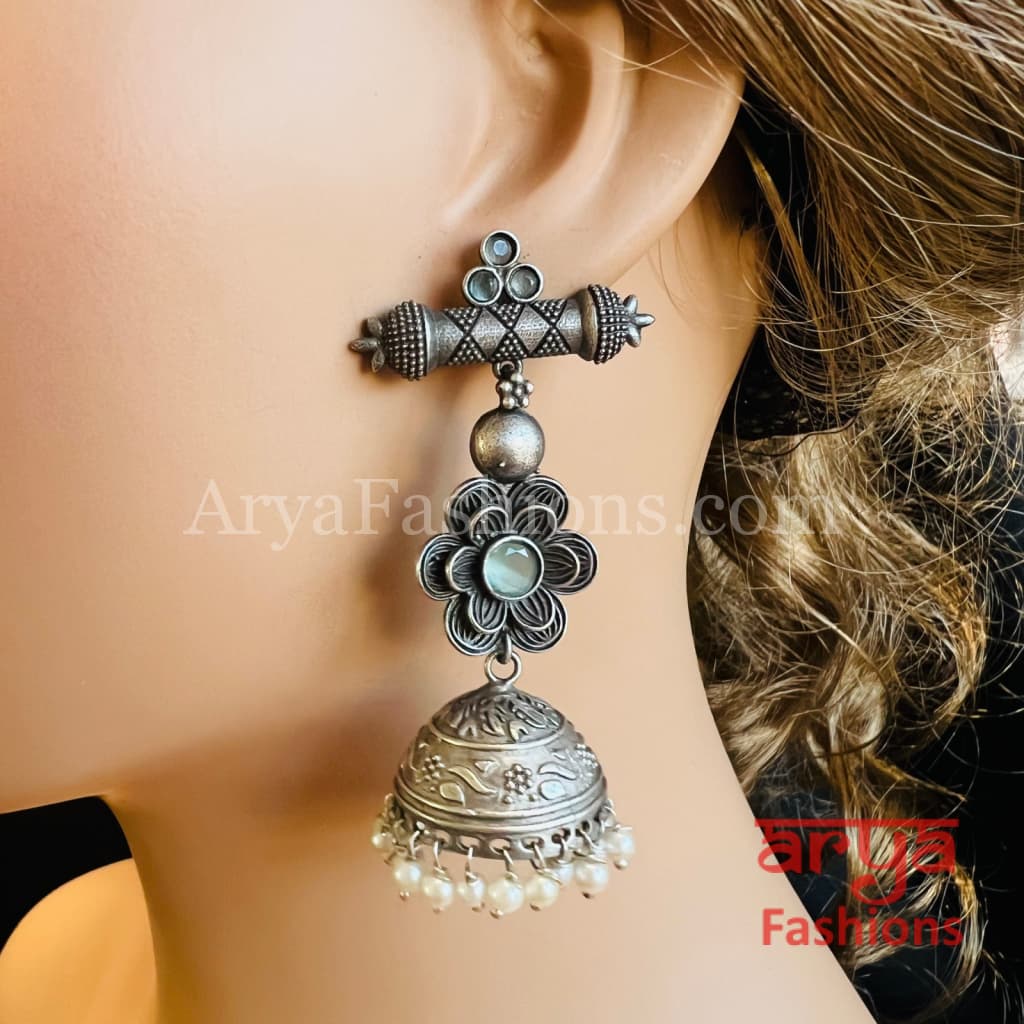 Designer Silver Oxidized Jhumka Earrings