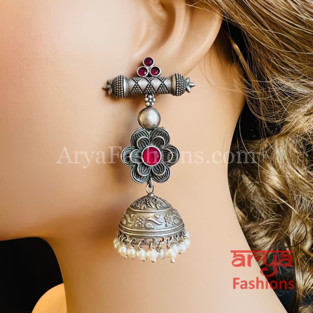 Designer Silver Oxidized Jhumka Earrings