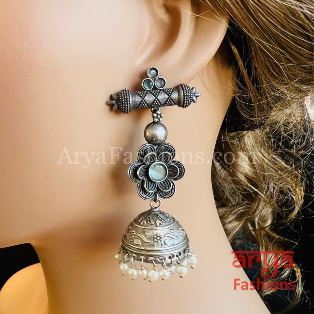 Designer Silver Oxidized Jhumka Earrings