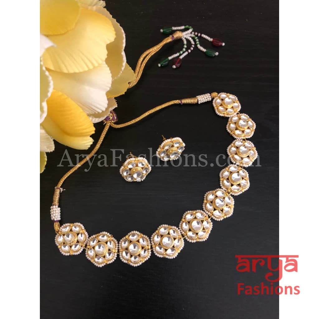 Designer White Pacchi Kundan Pearl Choker Necklace with Stud Earrings