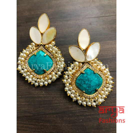 Druzy Stone Earrings/ Mother of Pearl Studs/MOP Gold plated Earrings with stones