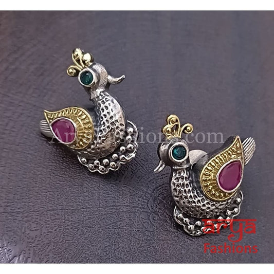 Dual Tone Golden Oxidized Bird Stud Earrings