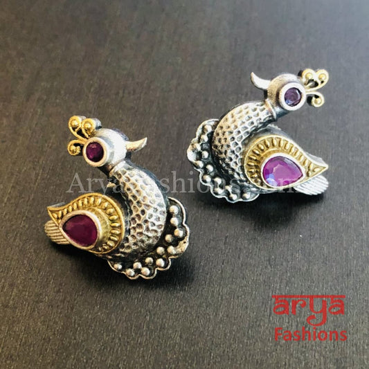 Dual Tone Golden Oxidized Bird Stud Earrings