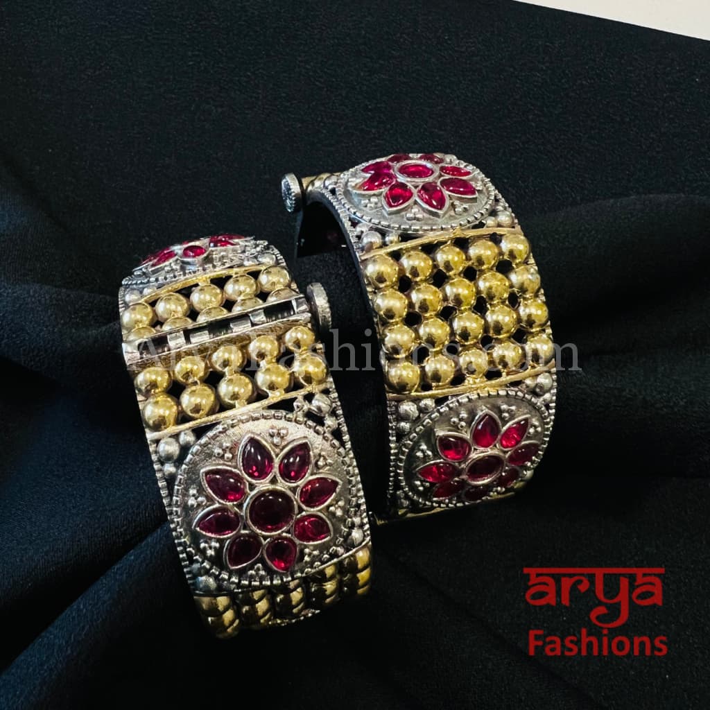 Dual Tone Golden Silver Pink Oxidized Openable bangles
