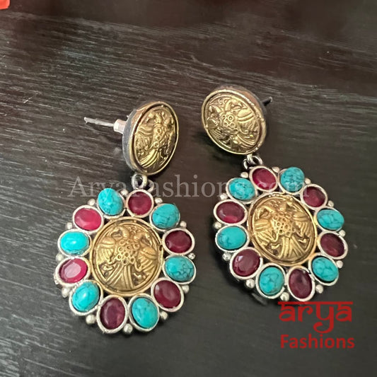 Dual Tone Multicolor stone Silver Oxidized Small Earrings