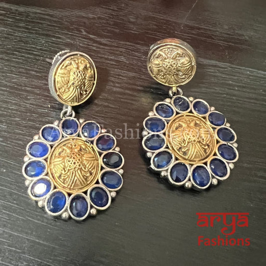 Dual Tone Multicolor stone Silver Oxidized Small Earrings