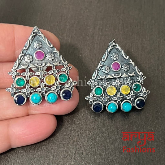 Dual Tone Multicolor stone Silver Oxidized Studs
