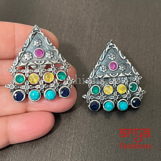 Dual Tone Multicolor stone Silver Oxidized Studs