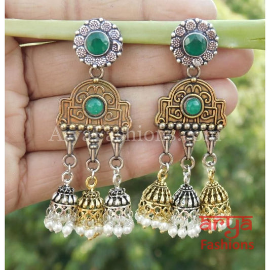 Dual Tone Oxidized Ethnic Earrings with colored stones