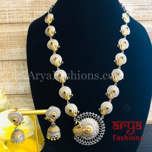 Dual tone Peacock theme Oxidized Rajwadi Necklace with Green White and Blue