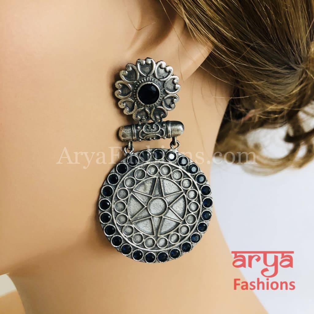 Dual Tone Round Party Earrings with Multi-color stone work