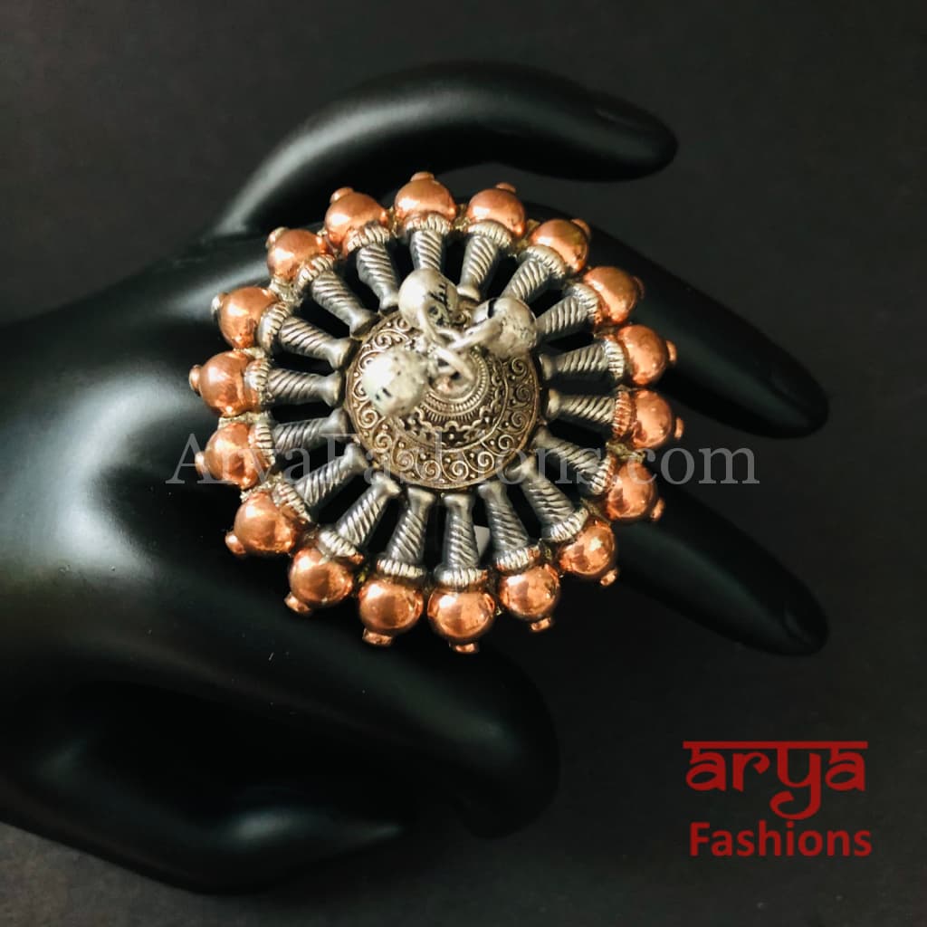 Dual Tone/Oxidized Silver Ring with Rose Gold finish/Statement German