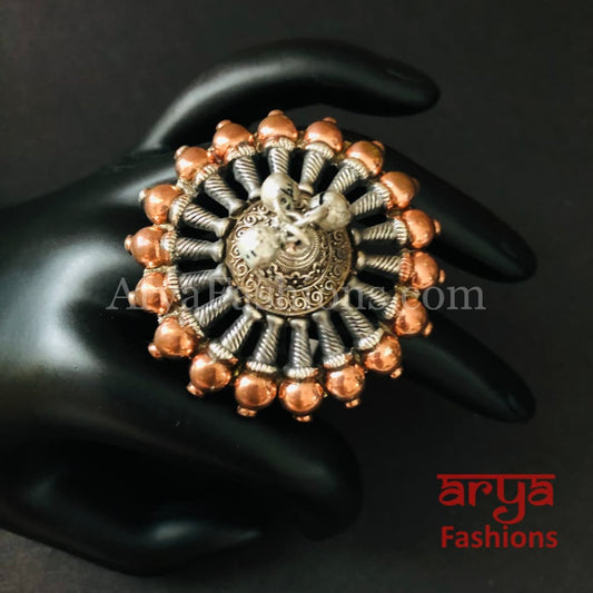 Dual Tone/Oxidized Silver Ring with Rose Gold finish/Statement German