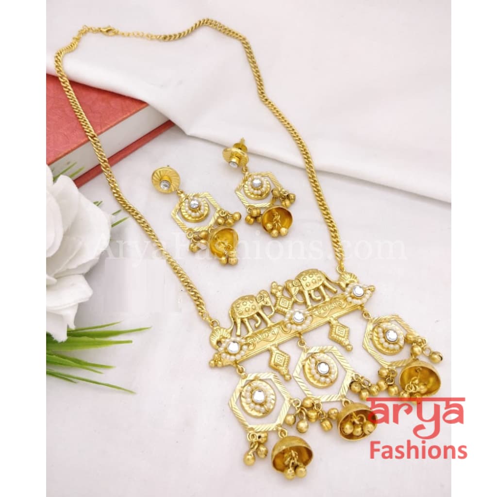 Elephant Theme Golden Rajwadi Necklace