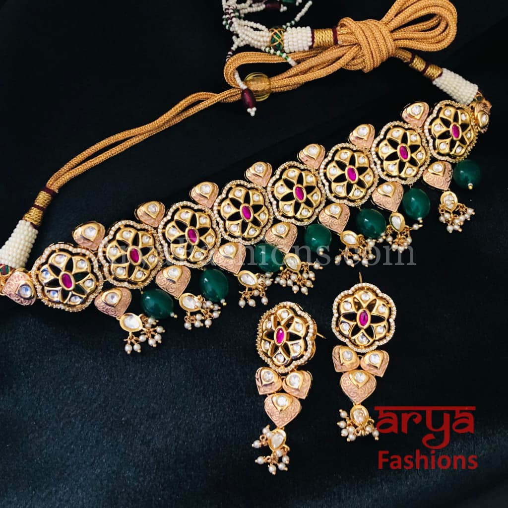 Emerald Pacchi Kundan Choker Necklace/ Rajwadi Meenakari Necklace