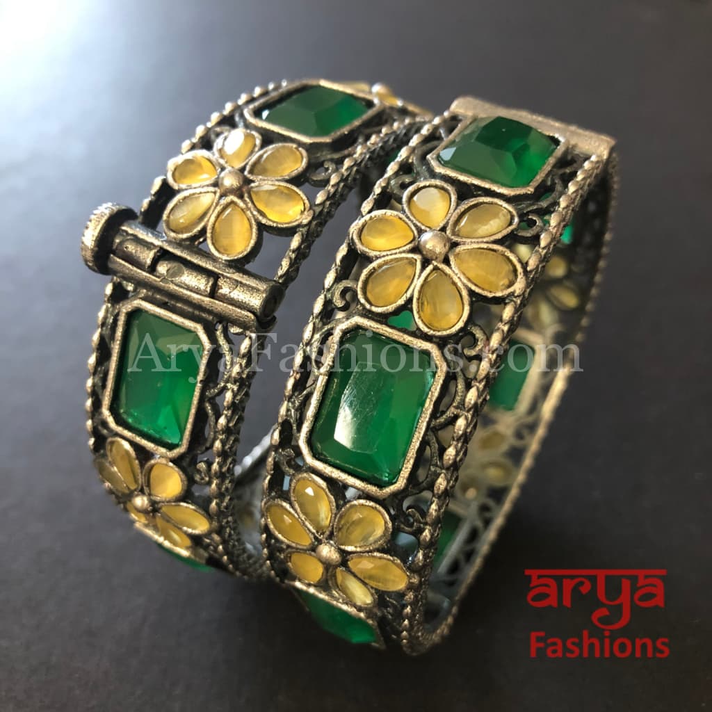 Ethnic Oxidized Silver Bracelet Kada with colored stones