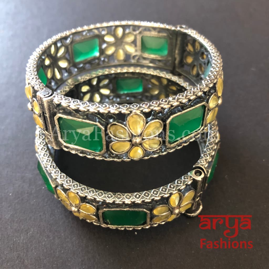 Ethnic Oxidized Silver Bracelet Kada with colored stones