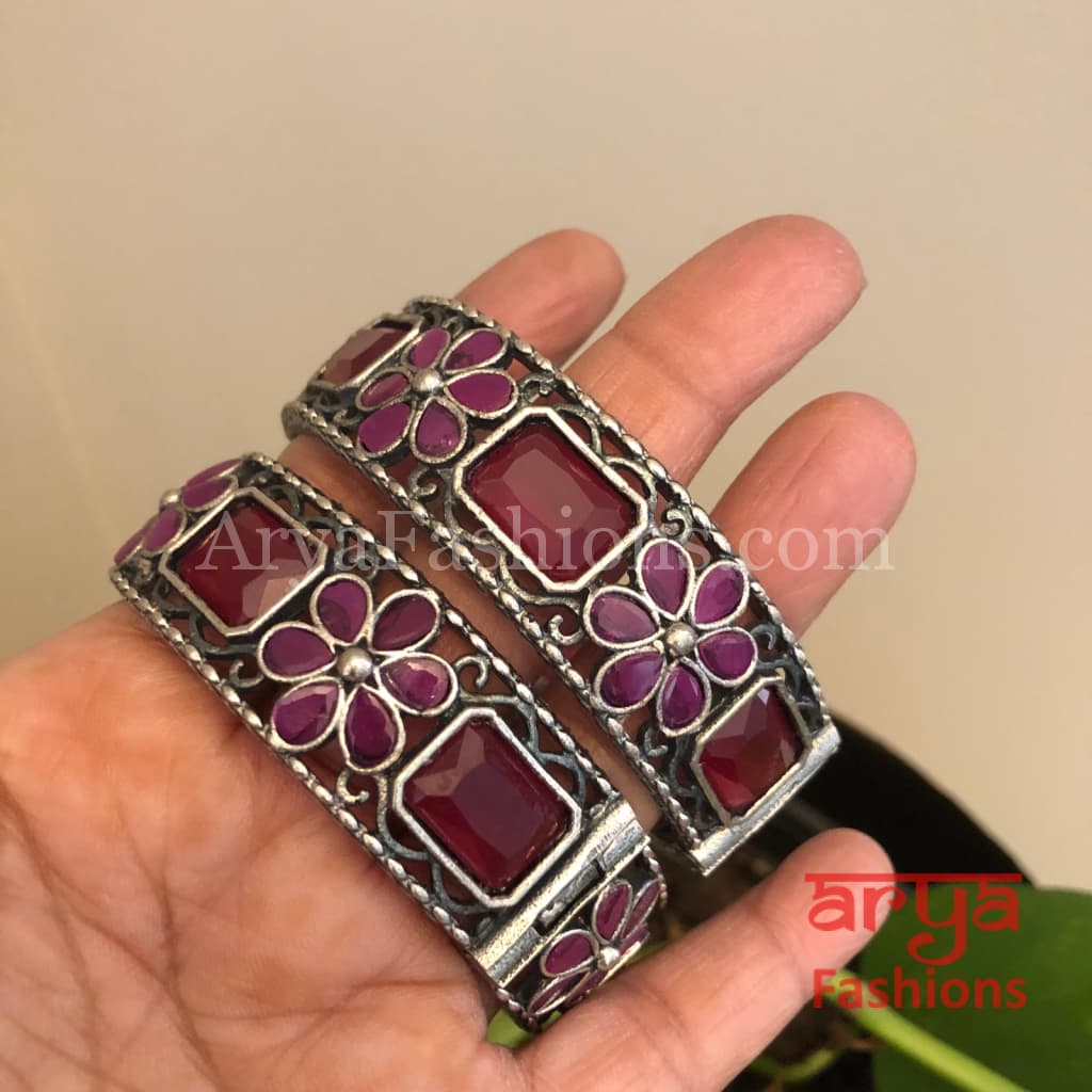 Ethnic Oxidized Silver Bracelet Kada with colored stones