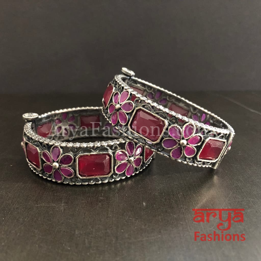 Ethnic Oxidized Silver Bracelet Kada with colored stones