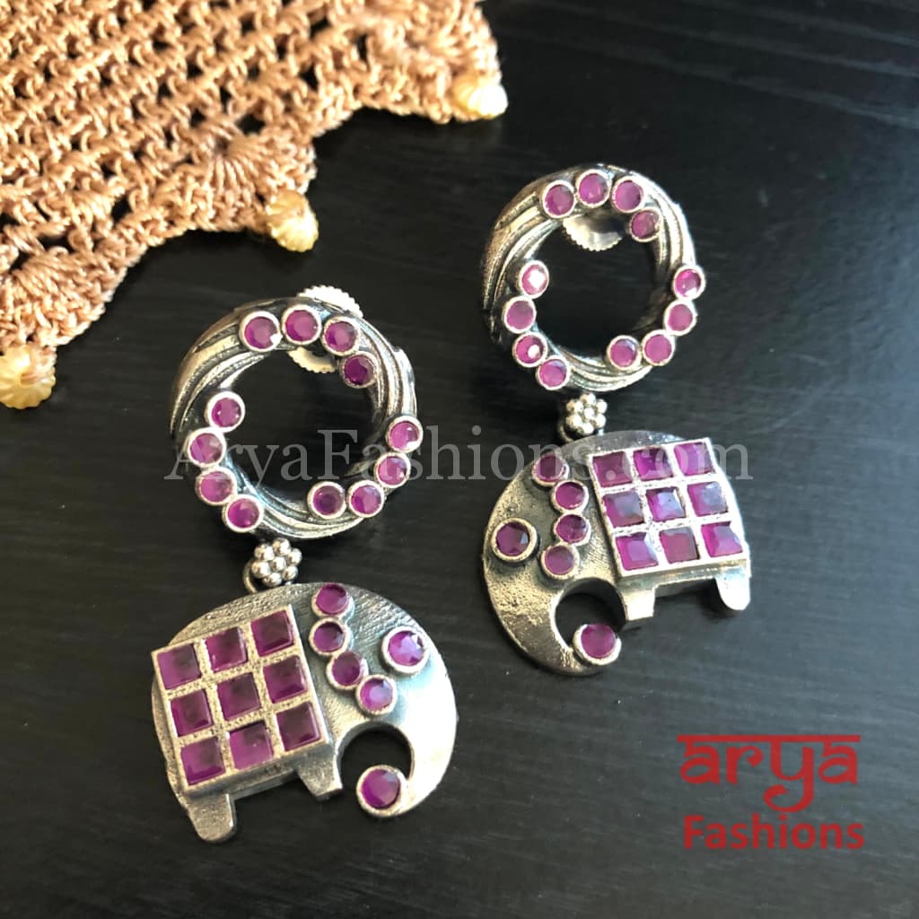 Gaja Elephant Theme Stone Studded Silver Oxidized Earrings