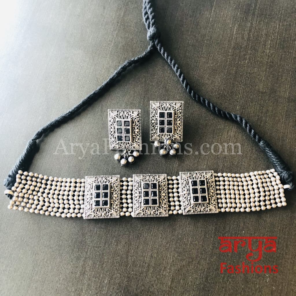 German Silver Tribal Choker with colored stones