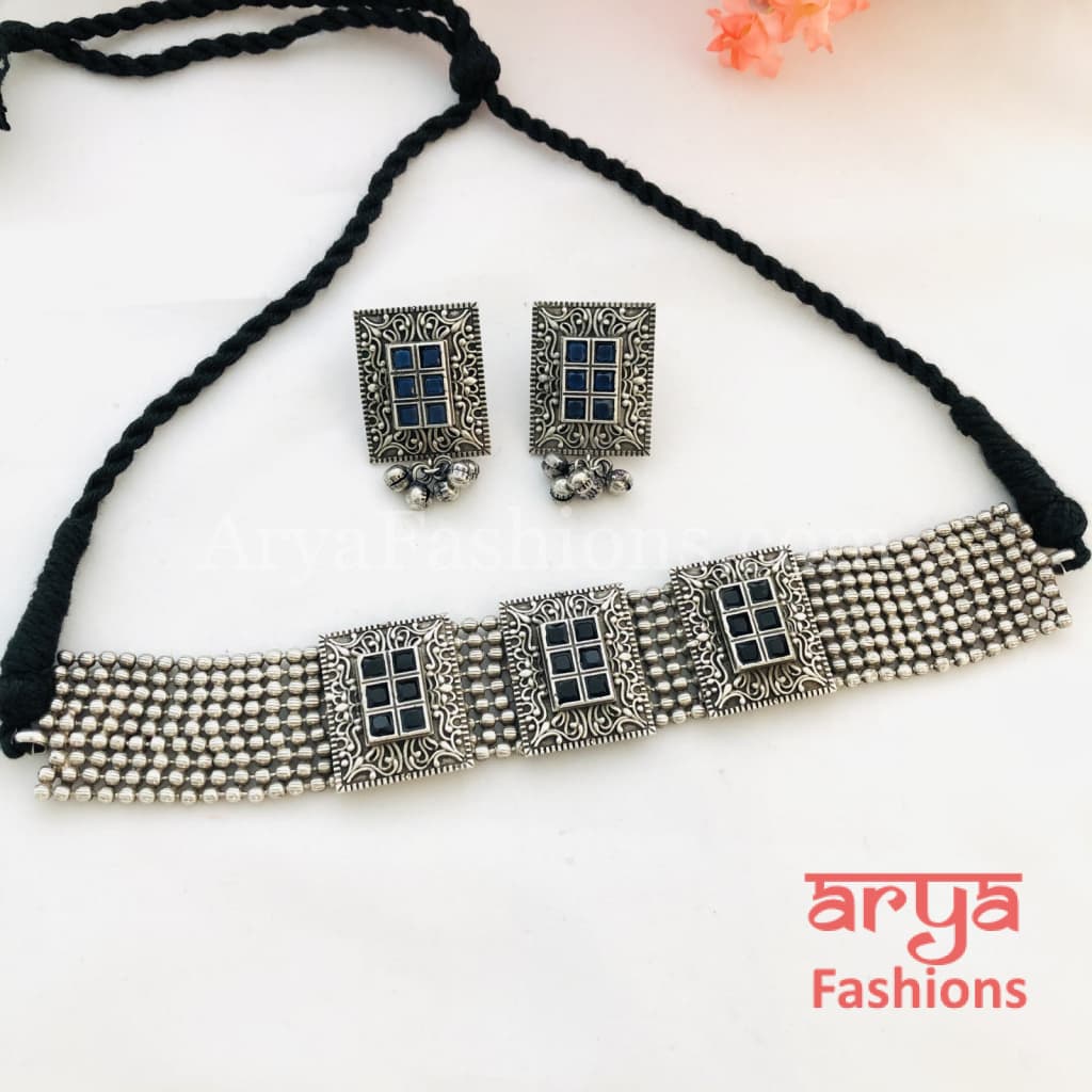 German Silver Tribal Choker with colored stones