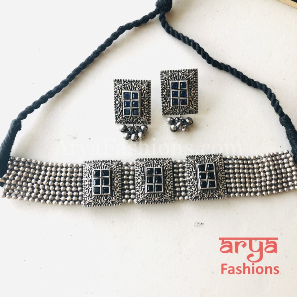 German Silver Tribal Choker with colored stones